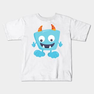 Cute Monster, Blue Monster, Funny Monster, Horns Kids T-Shirt